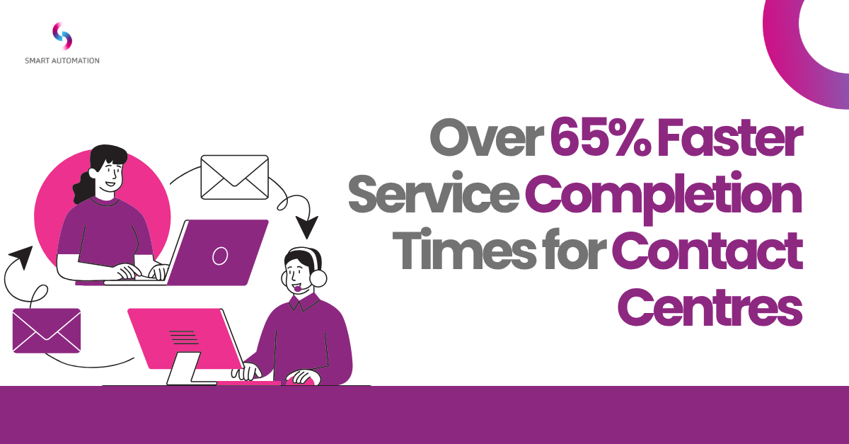  infographic showing a woman and a contact center agent with email icons, highlighting over 65% faster service completion times.
