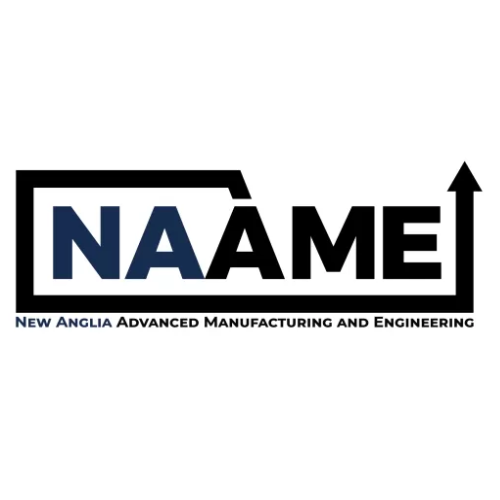 Logo for New Anglia Advanced Manufacturing and Engineering with the acronym NAAME, featuring a stylized arrow pointing upward.