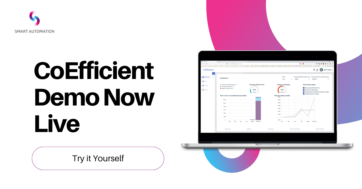 An advertisement for CoEfficient, a software demonstration platform. The image features a laptop displaying a dashboard with graphs and data, with bold text that reads "CoEfficient Demo Now Live" and a button labeled "Try it Yourself." The top left c