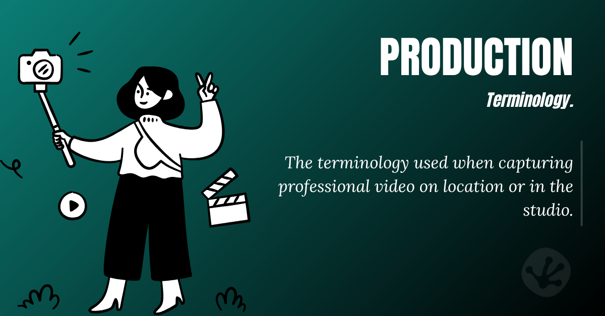 Illustration explaining video production terminology used during filming, including cameras, equipment and on-location shoots.