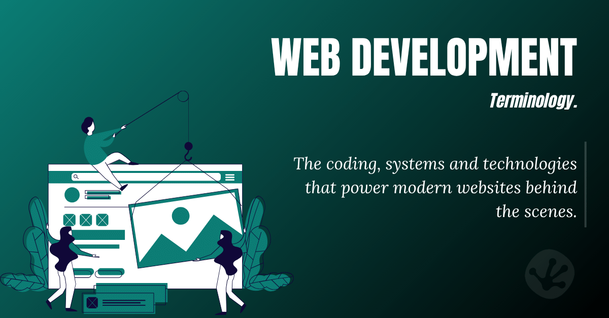 Illustration explaining web development terminology, including website coding, frontend and backend development, and website functionality.