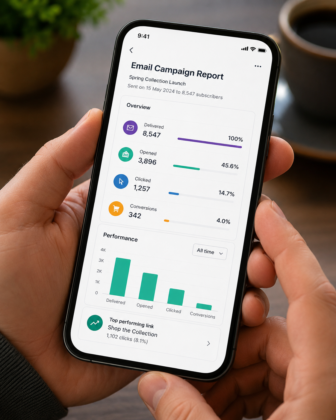 An email marketing agencies report on a mobile phone.