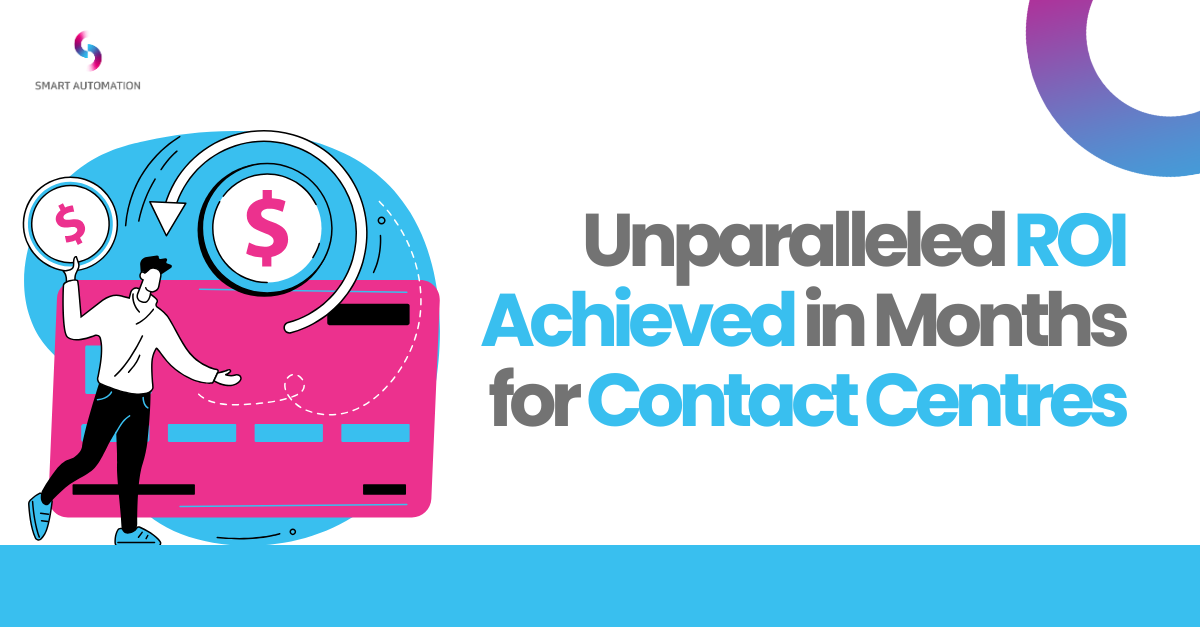 A digital illustration of a person holding a dollar sign with a large credit card in the background, along with text emphasizing achievement in contact center ROI.