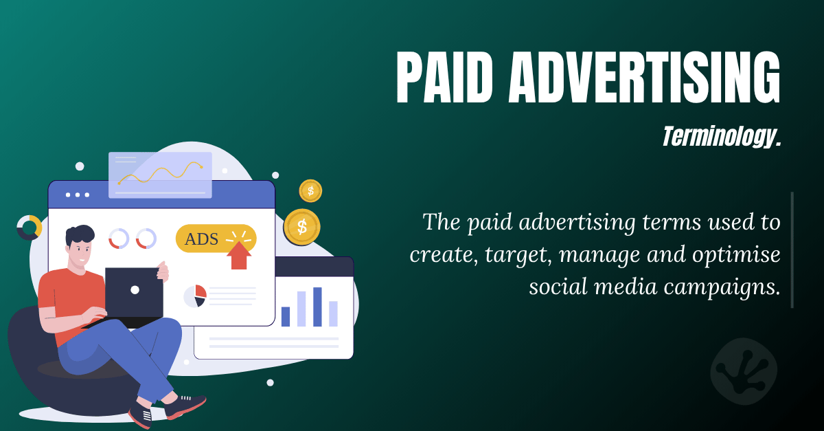 Illustration of paid social media advertising, featuring campaign management, analytics dashboards, digital adverts and advertising performance metrics.