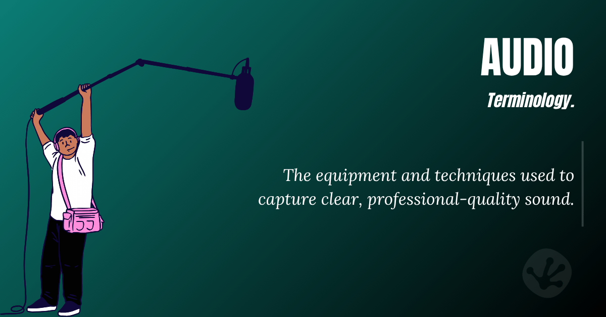 Illustration explaining audio production terminology, including microphones, sound recording equipment and professional audio techniques.