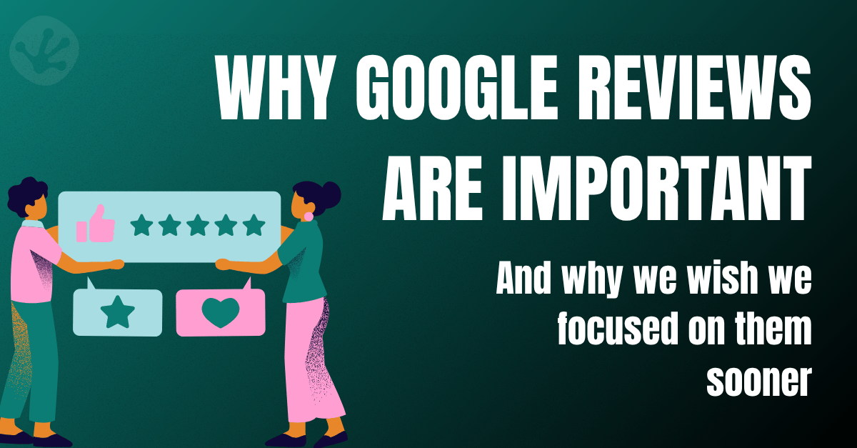 Illustration introducing the importance of Google Reviews, featuring two people holding a five-star review panel alongside the blog title.