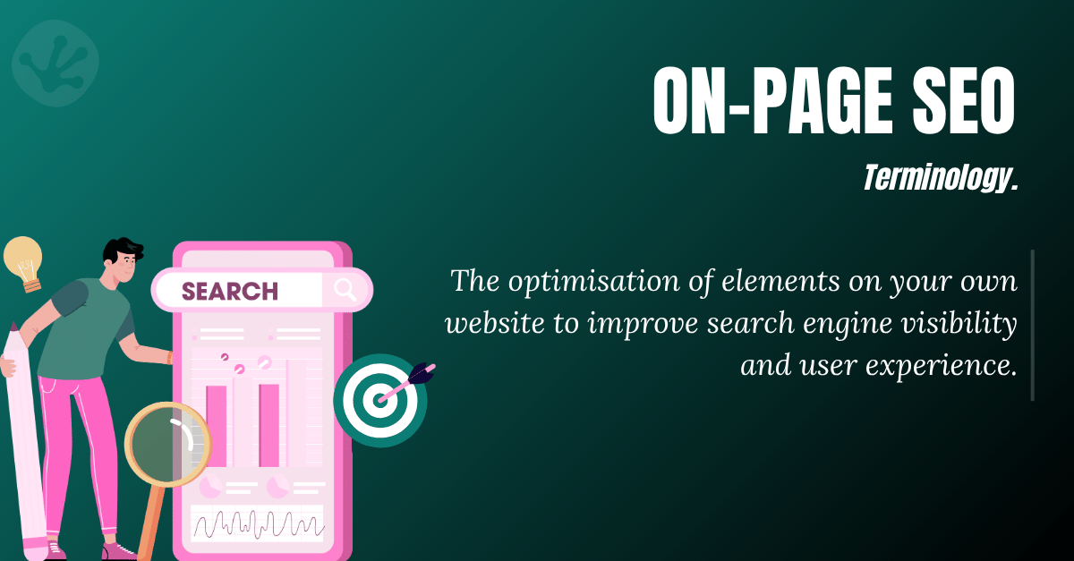 Illustration explaining on-page SEO and how optimising website content improves search engine visibility and user experience.