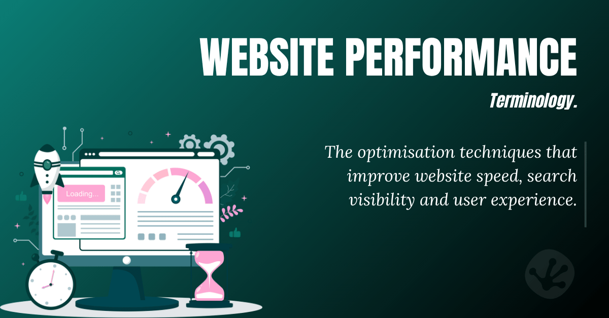 Illustration explaining website performance terminology, including page speed, SEO, website optimisation and user experience improvements.