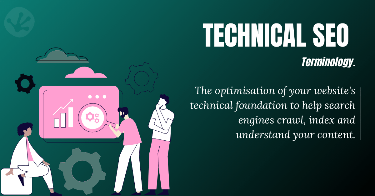 Illustration explaining technical SEO, including website performance, crawlability and search engine indexing.