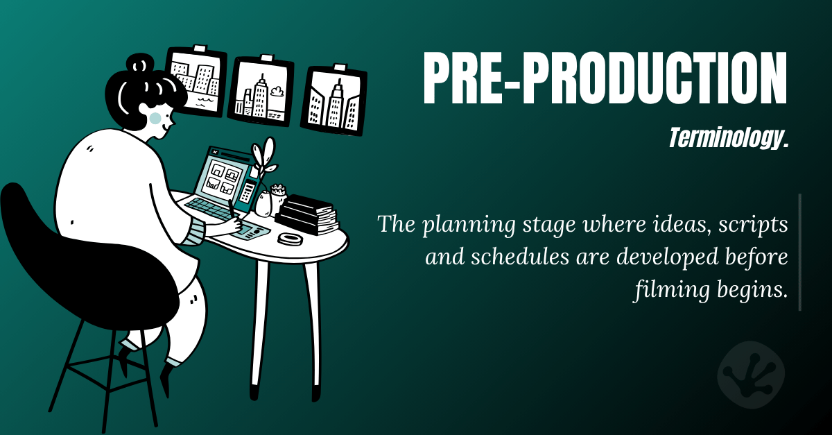 Illustration explaining pre-production and the planning stage of a video project, including scripts, storyboards and production schedules.