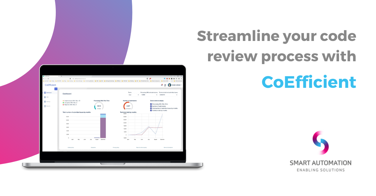 Promotional social media post graphic displaying a laptop with a dashboard interface, with text emphasizing streamlining code review processes with CoEfficient, a product by Smart Automation.