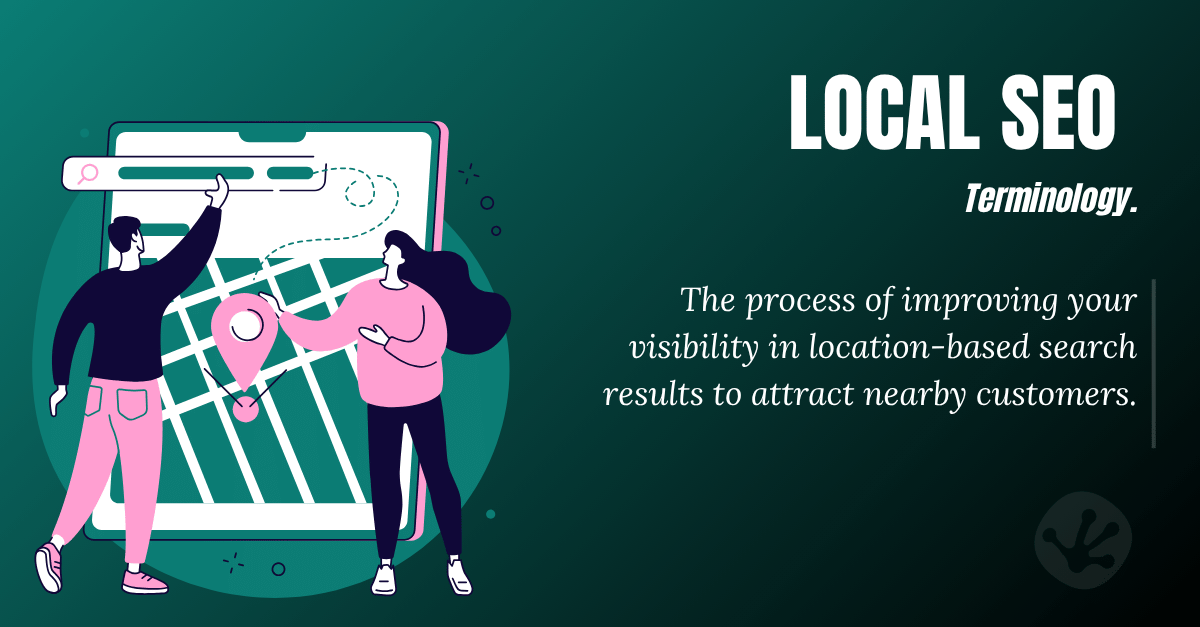 Illustration explaining local SEO and improving visibility in location-based search results for nearby customers.