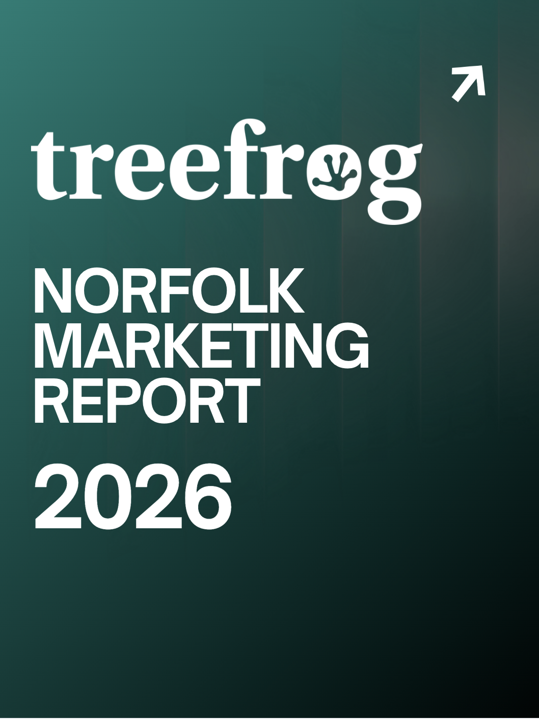 Cover page of the Norfolk Marketing Report 2026 by Treefrog with a green gradient background and a white arrow in the upper right corner.