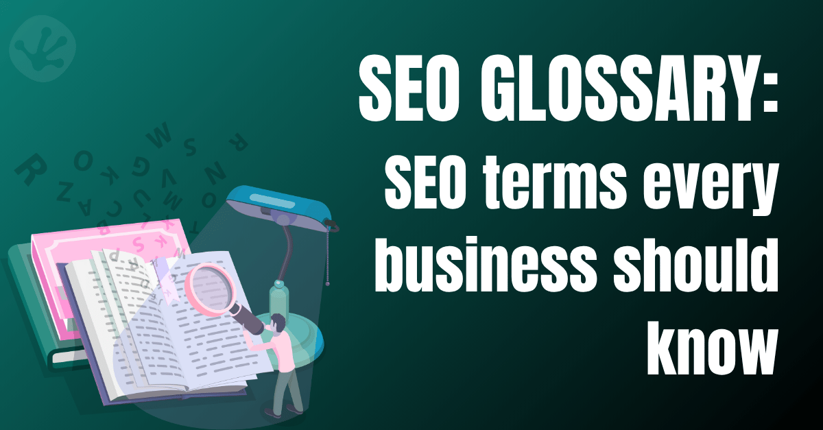 Illustration of an open dictionary representing an SEO glossary with common SEO terms for businesses.