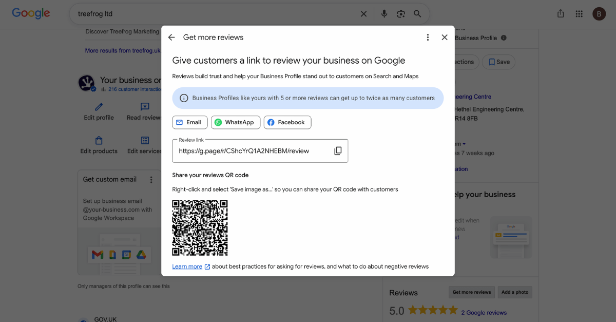 Screenshot of the Google Business Profile 'Get more reviews' feature showing how businesses can generate a review link and QR code to request Google Reviews from customers.