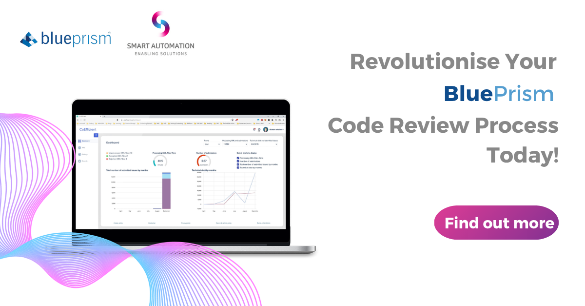 Social media post advertisement for BluePrism and Smart Automation showing a laptop with a dashboard, promoting code review process and a call to action button 'Find out more'.