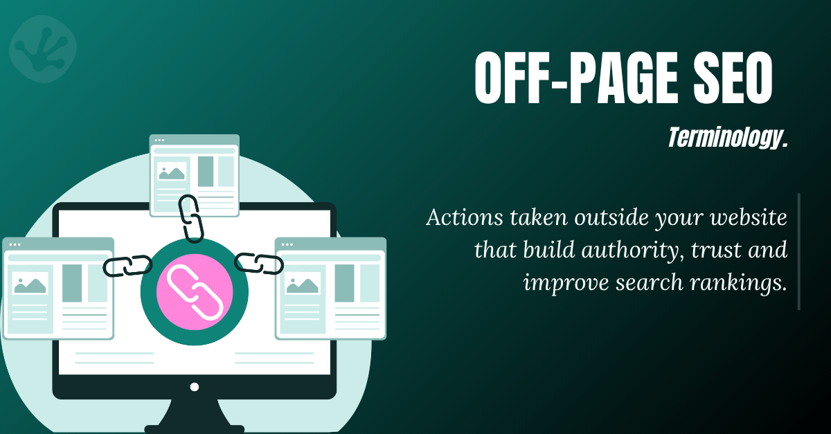 Illustration explaining off-page SEO through backlinks, website authority and external ranking signals.