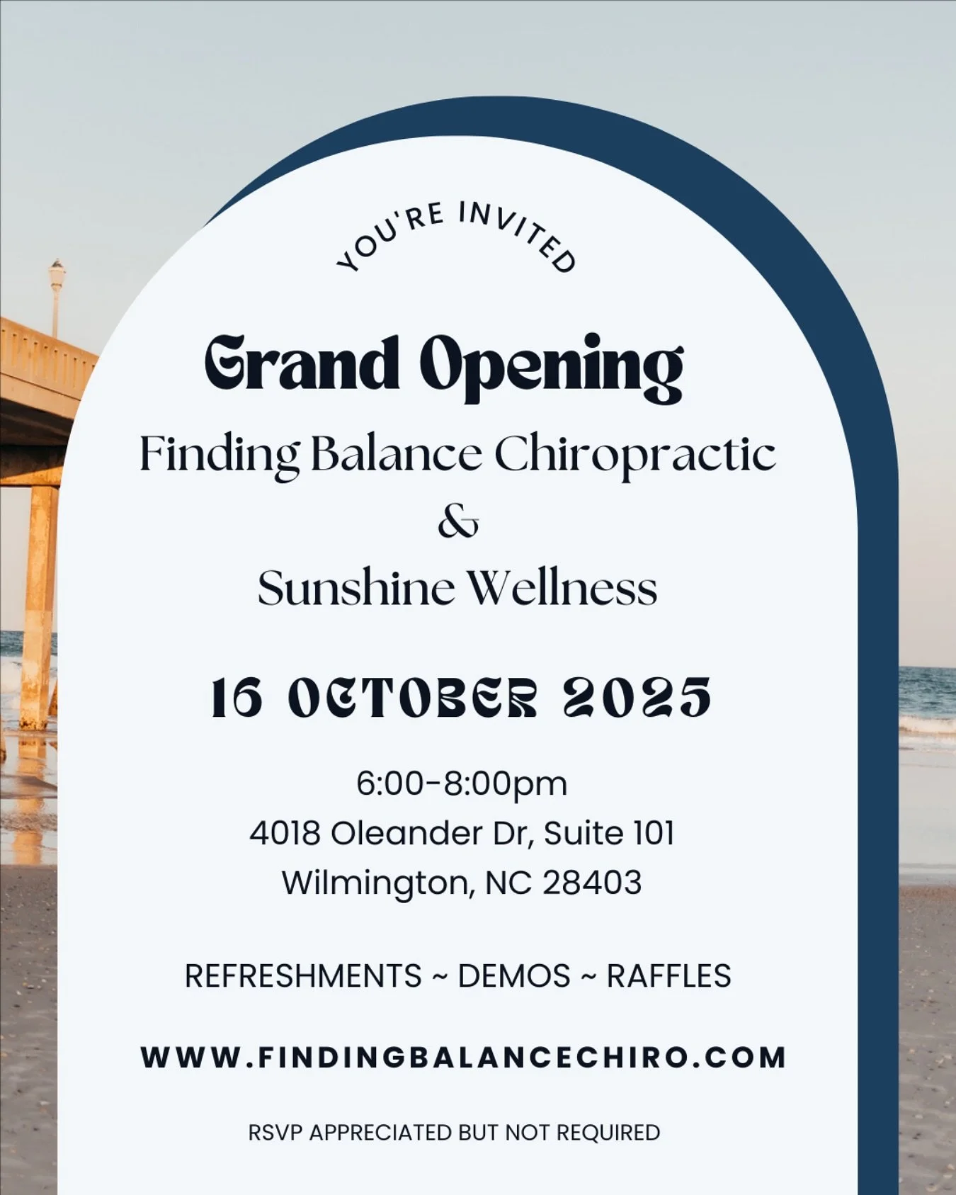 We&rsquo;re so excited to invite you to our Grand Opening Celebration!

📅 Wednesday, October 16th
🕕 6&ndash;8 PM
📍 4018 Oleander Dr, Suite 101 Wilmington, NC

Come celebrate with us in our brand new wellness space! 
&bull; Mini treatment demos 
&b