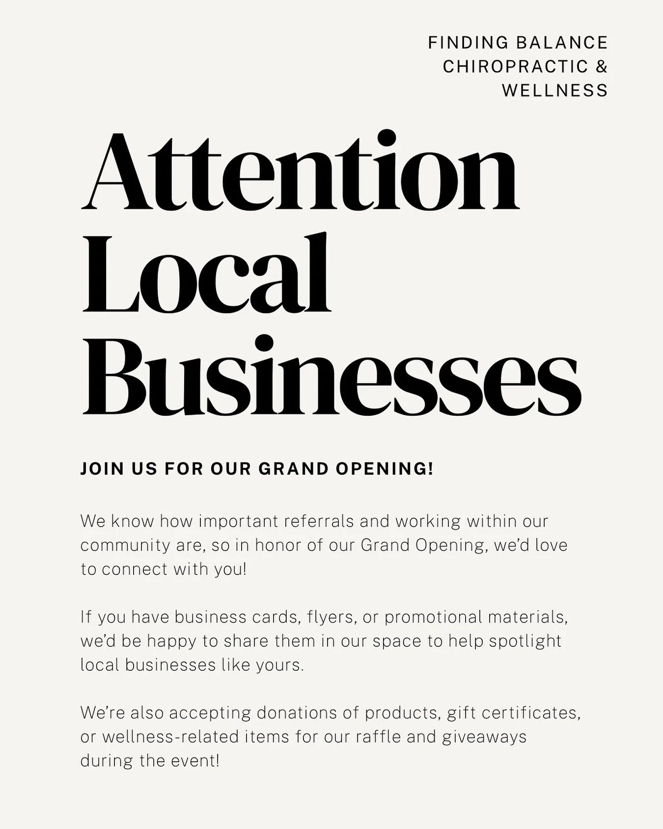 Let&rsquo;s Connect for Our Grand Opening!

We know how important referrals and community connections are, so in honor of our Grand Opening, we&rsquo;d love to collaborate with YOU! 💛

Local businesses are invited to share business cards, flyers, or