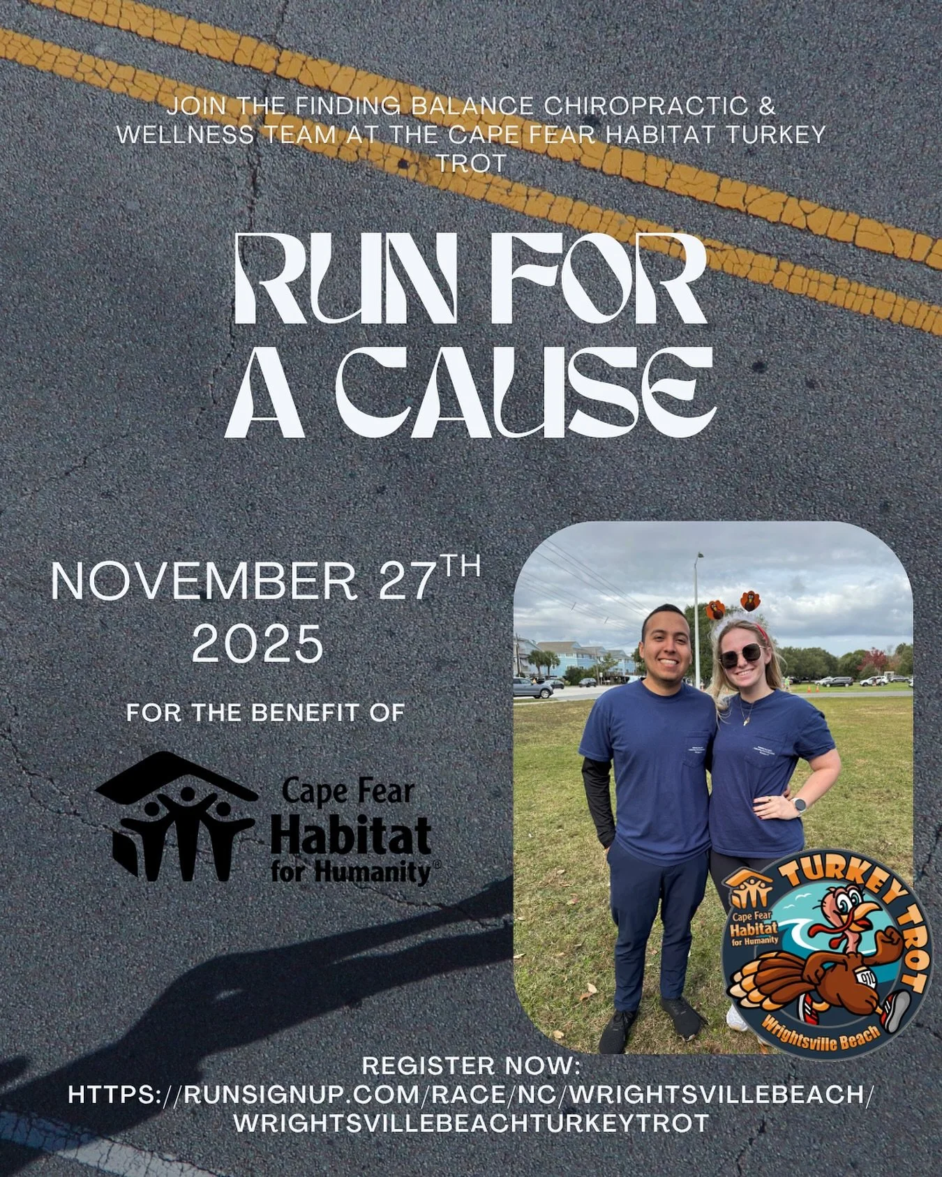 Join the Finding Balance Chiropractic &amp; Wellness team this Thanksgiving for the Wrightsville Beach Habitat for Humanity Turkey Trot! Start your day of gratitude by giving back and moving for a cause that builds homes and hope. 

To join our team: