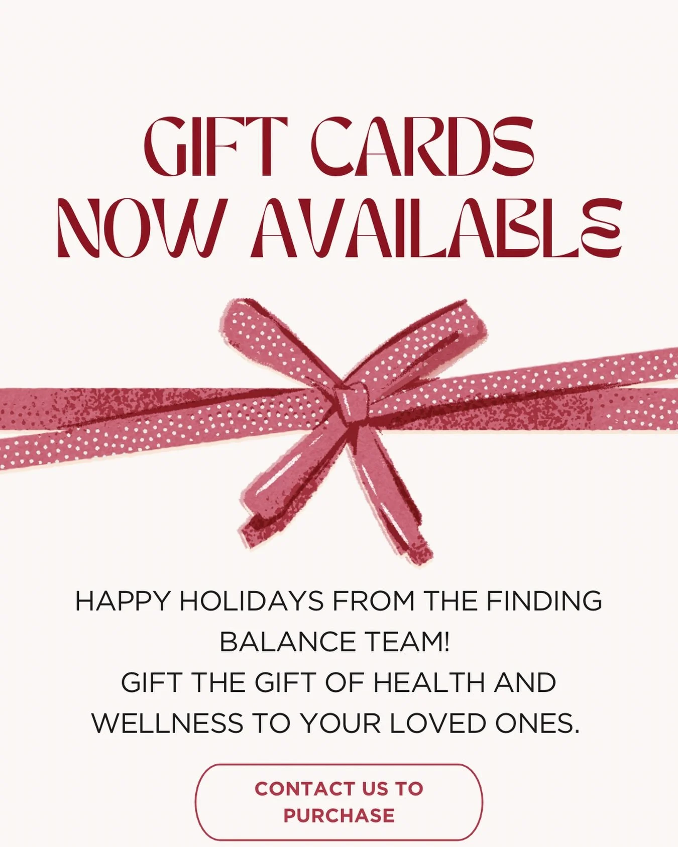 Give the gift of health, balance, and relief this holiday season!🎁

Our Finding Balance Chiropractic &amp; Wellness gift cards are available now. Perfect for yourself or the people you love most. Whether it&rsquo;s for a family member, friend, or so