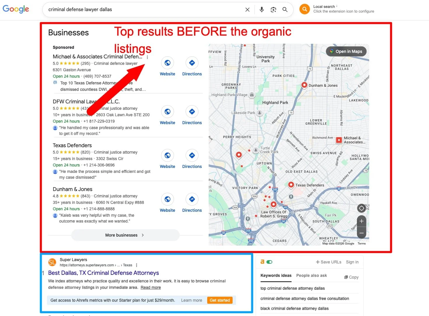 SERP view for the search term "criminal defense lawyer"
