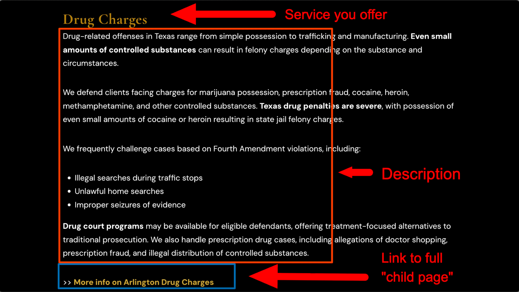 Parent, child page SEO structure for Criminal Defense