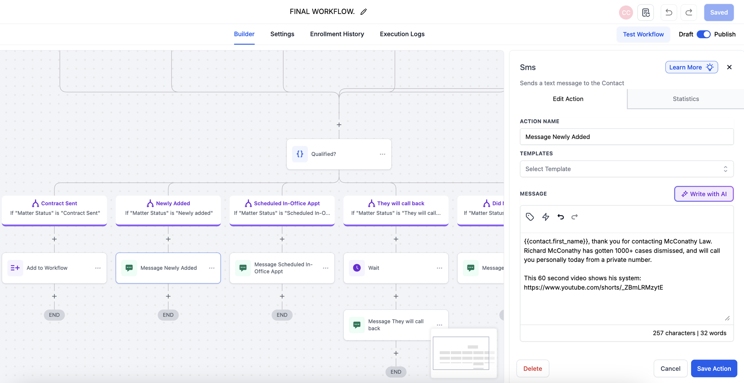 backend automation for law firm missed call text back