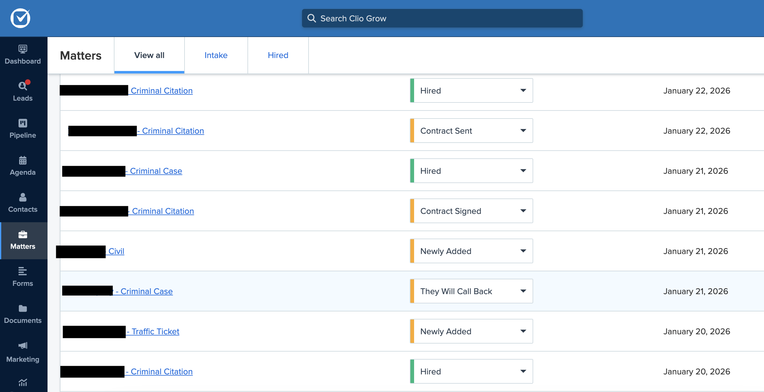 Clio Grow Criminal Defense pipeline stages