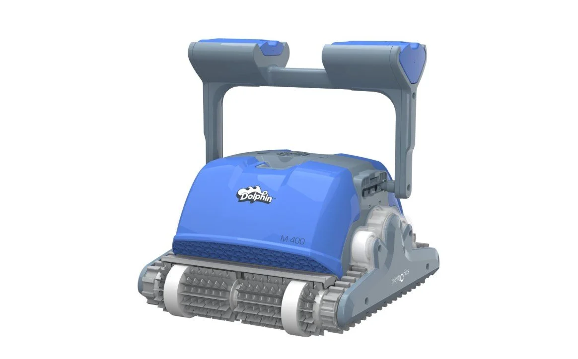Robotic pool cleaner, Dolphin brand, M400 model, blue and gray design.