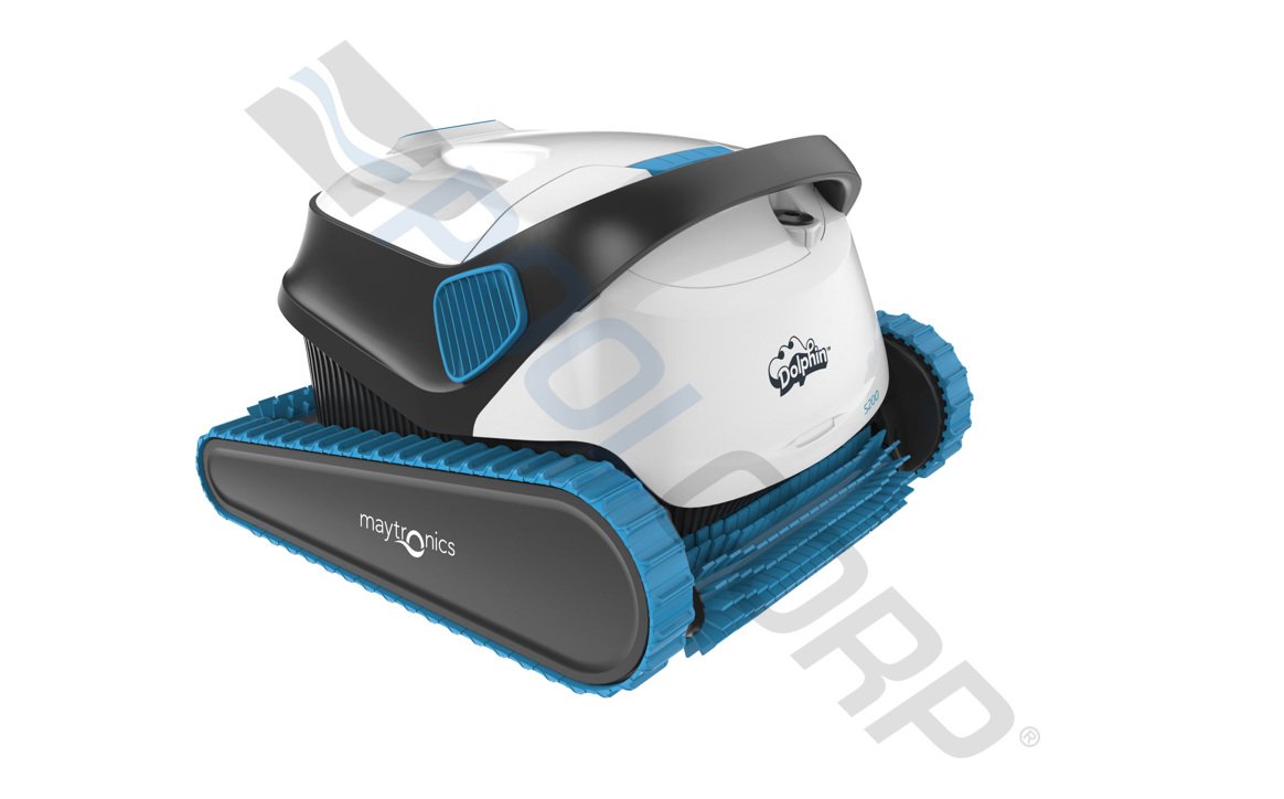 Robotic pool cleaner with blue treads and Maytronics branding