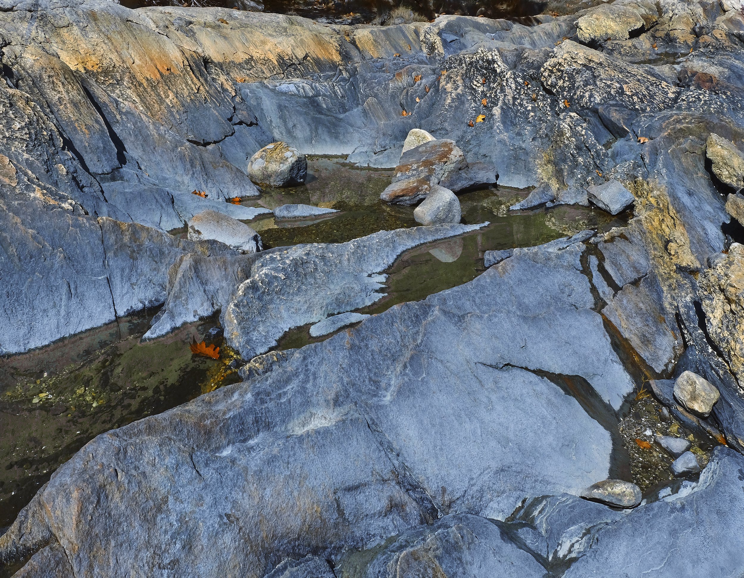 A rocky terrain with small pools of water and fallen orange leaves.