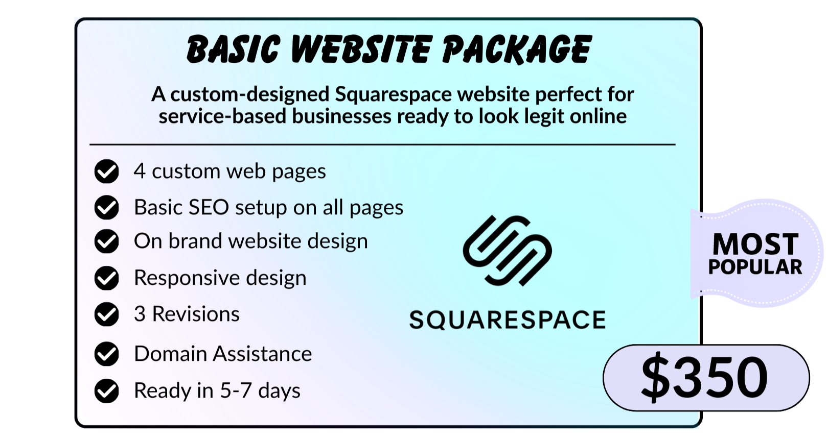 A promotional graphic for a basic website package by Squarespace, listing features including four custom web pages, SEO setup, on-brand design, responsive layout, three revisions, domain assistance, and a 5-7 day completion time, priced at $350. The design includes a light blue background with black text and checkmarks, the Squarespace logo in the center, and labels noting the most popular option.