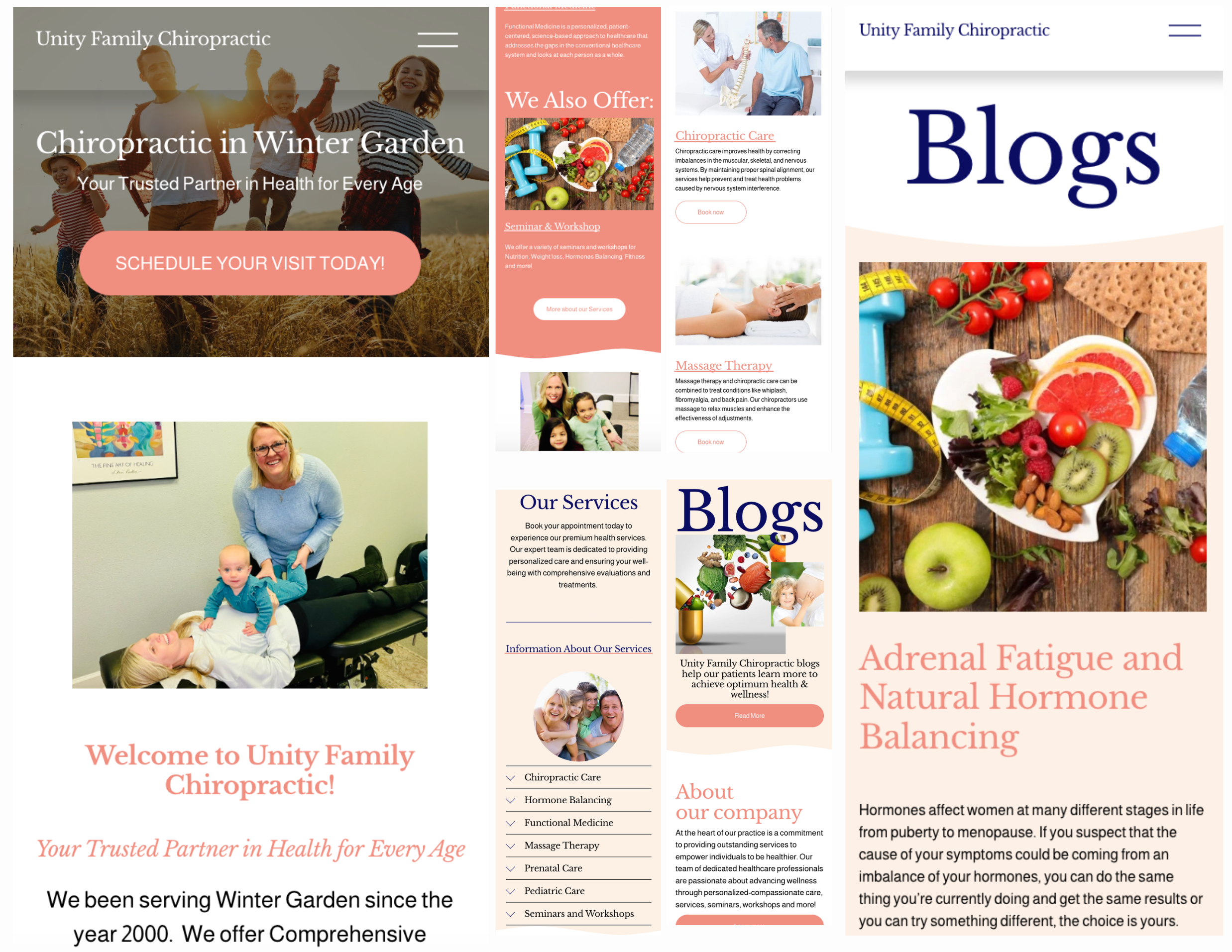 Screenshots of the Unity Family Chiropractic website showcasing chiropractic services, blog posts, image of a woman adjusting a child's neck, and various health-related visuals, including fruits and wellness imagery.