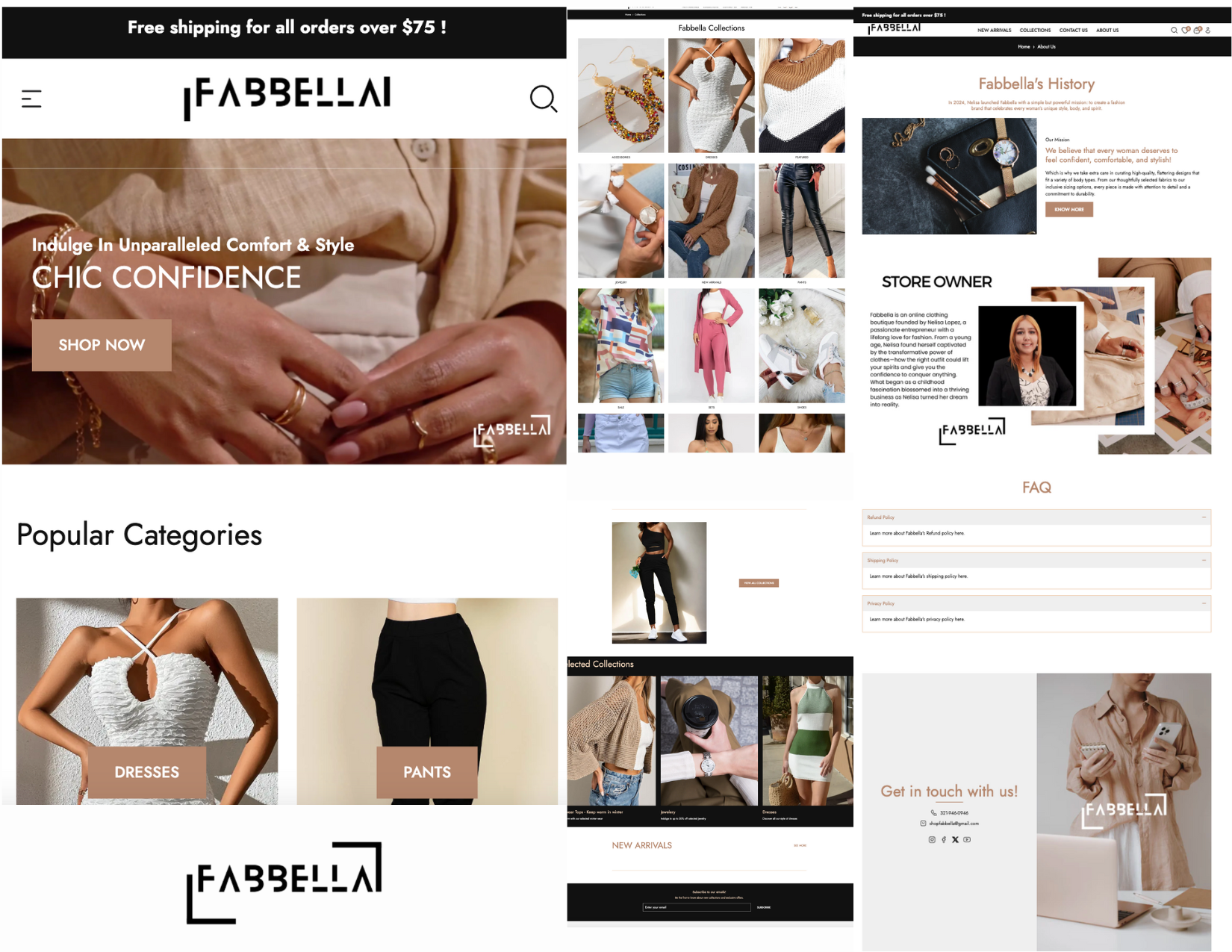 Screenshots of an online fashion store named FabBella, showcasing various clothing and accessories, including jewelry, dresses, pants, and featured collections, with sections for store history, popular categories, and contact information.