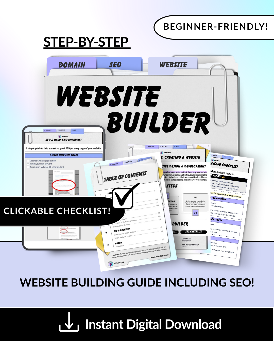 Cover page for a website building guide, labeled 'Step-by-Step' and 'Beginner-Friendly.' Features folders with tabs labeled 'Domain,' 'SEO,' and 'Website,' displaying a clickable SEO checklist and contents page. Promotes an instant digital download.