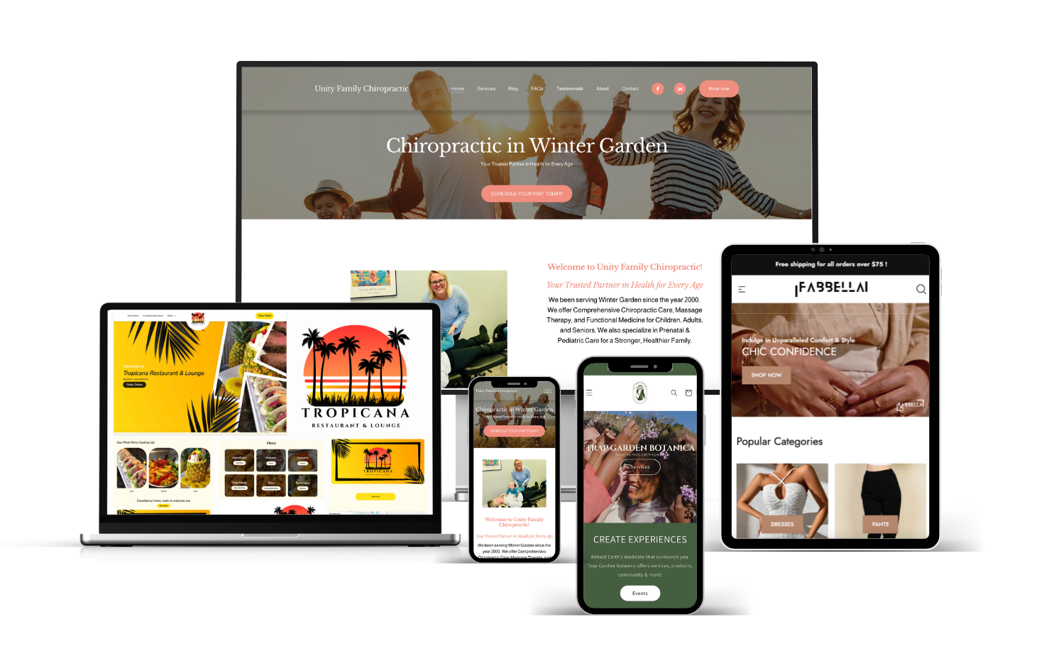 Multiple electronic devices displaying different websites and digital content, including laptops, smartphones, and tablets, on a dark background.