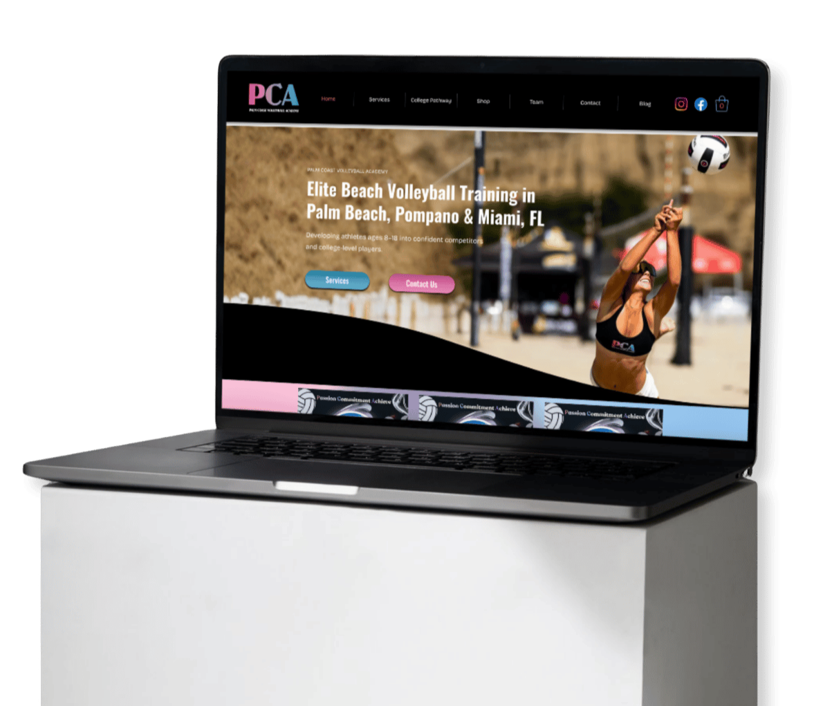 Laptop displaying a website for PMC Palm Coast Volleyball Academy, showing a female volleyball player hitting a ball on a beach volleyball court.  Website designed by Cybertopsy.