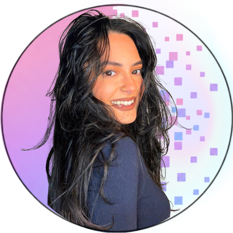 A woman with long black hair smiling, with a colorful background of purple and white pixels within a circular frame.