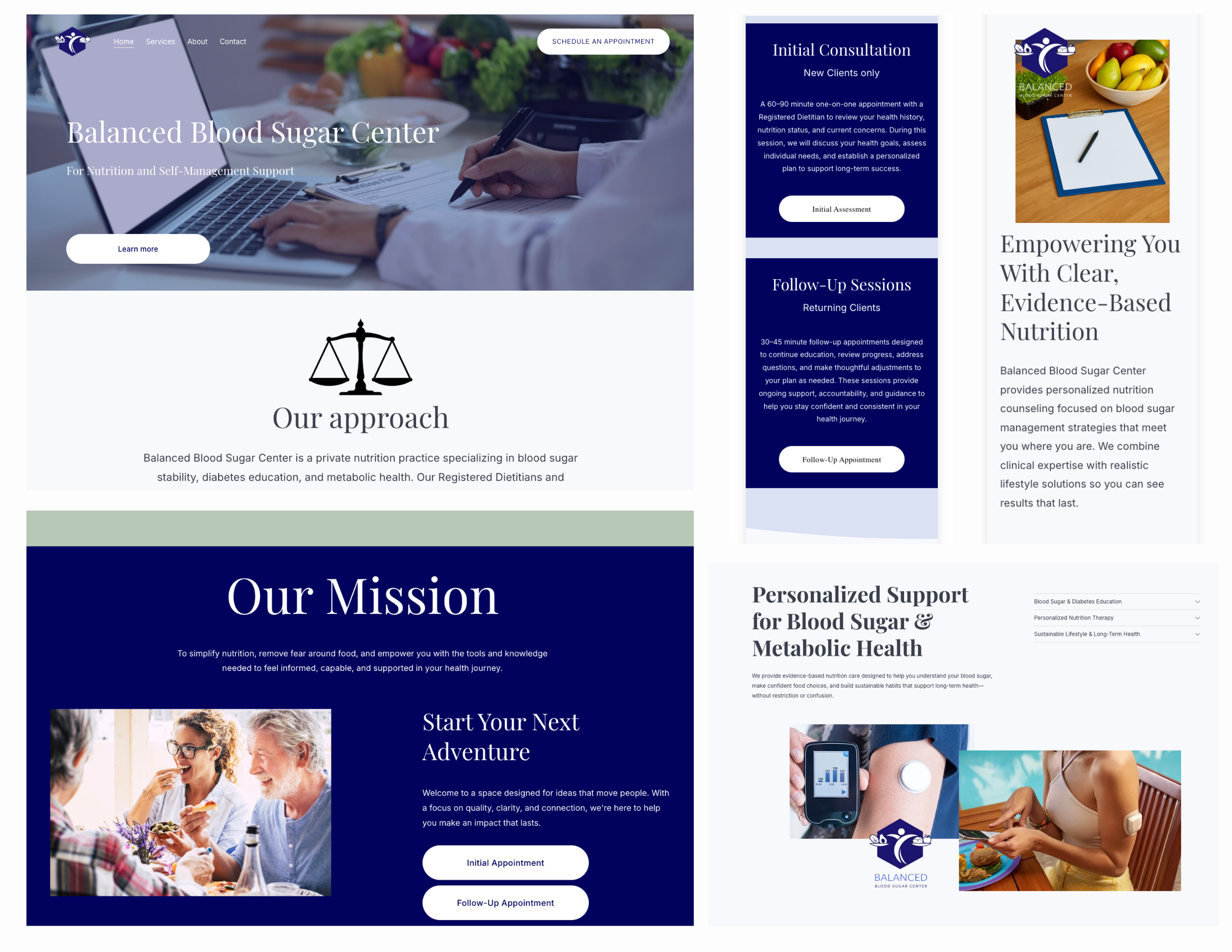 Multiple website pages for a blood sugar and metabolic health center featuring images of healthy food, a blood glucose monitor, and people eating.