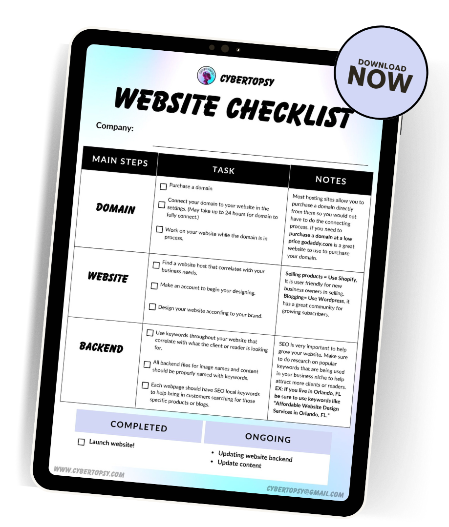 A website checklist on a tablet screen titled 'CyberTopsy Website Checklist' with main steps for domain, website, and backend, including tasks, notes, and checkboxes for completion. A circular badge in the top right corner says 'Download Now'.