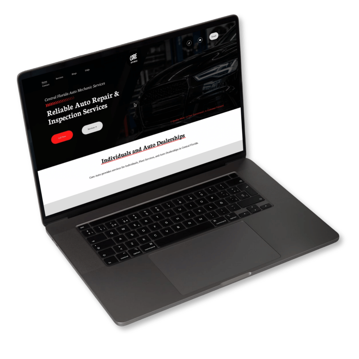 Open MacBook laptop displaying a car repair website designed by Cybertopsy.