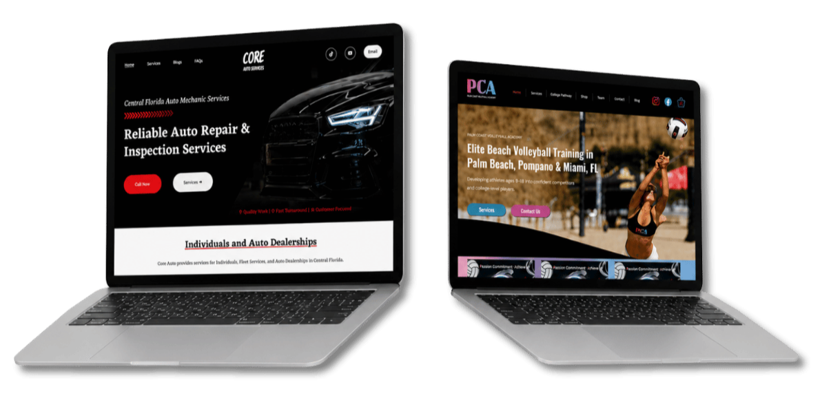 Two laptops side by side displaying different websites. The left laptop shows a website for an auto repair service. The right laptop shows a website for a volleyball training academy. Websites done by Cybertopsy.