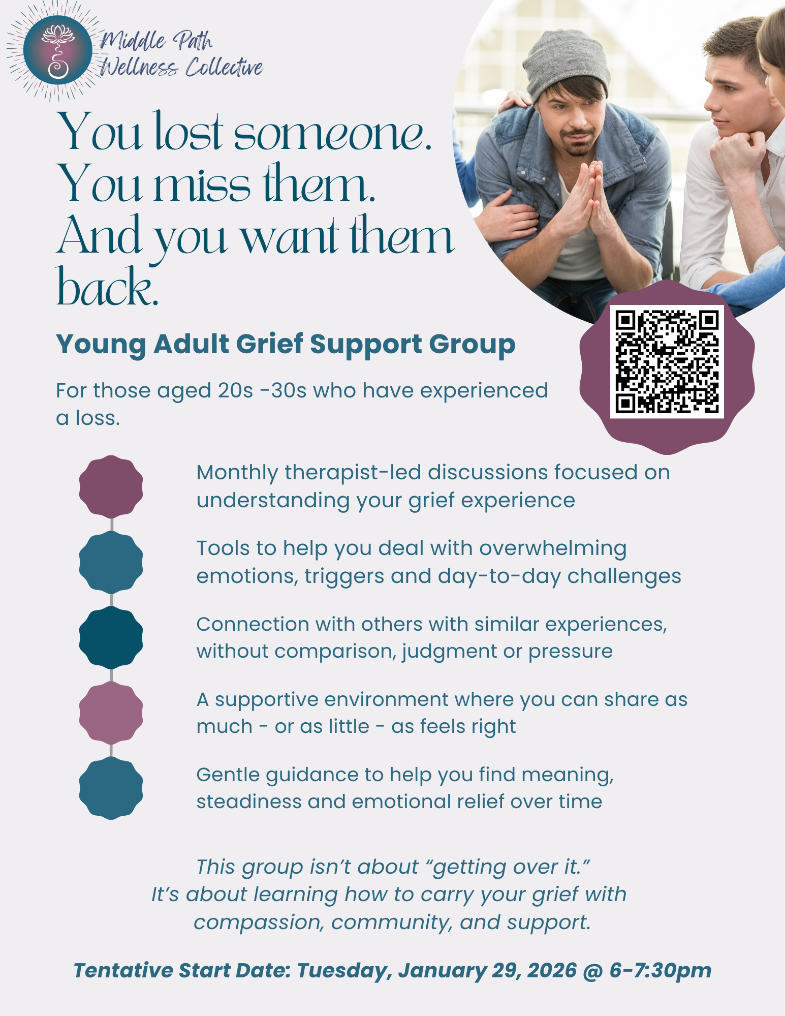 Poster for Middle Path Wellness Collective promoting a Young Adult Grief Support Group. Features a photo of three young adults, one wearing a gray beanie, discussing in a supportive environment. Includes QR code and details about the group meetings for people in their 20s to 30s who have experienced loss.