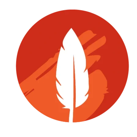 White feather icon on a red-orange circular background with a darker hand silhouette behind the feather.