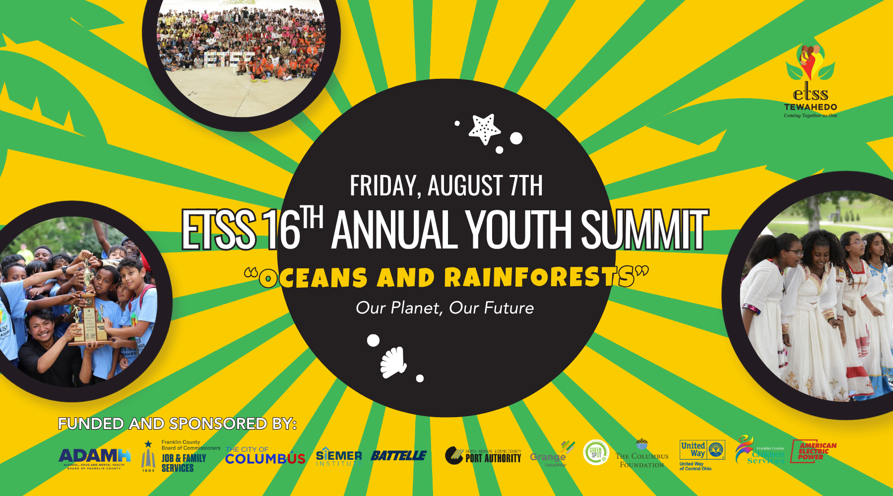 A colorful flyer announcing the 16th Annual Youth Summit titled 'Oceans and Rainforests' taking place on Friday, August 7th, organized by ETSS Tewahedo, featuring images of youth groups, children receiving awards, and women in traditional attire, with logos of sponsors at the bottom.