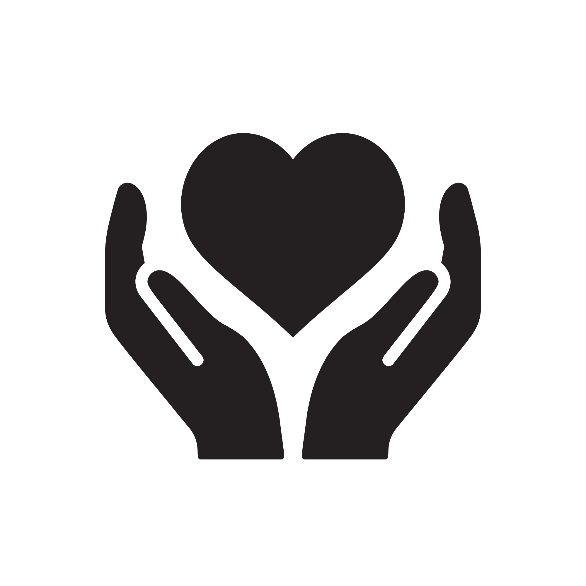 Black and white graphic illustration of hands forming a heart shape around a heart symbol.