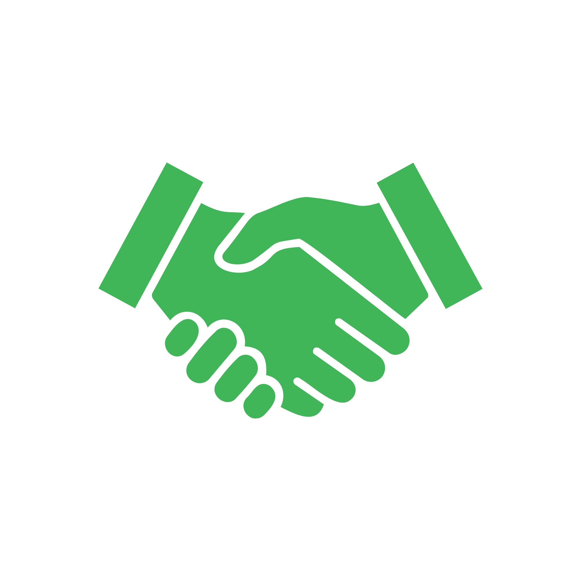 Green handshake illustration inside a white circle with a black border