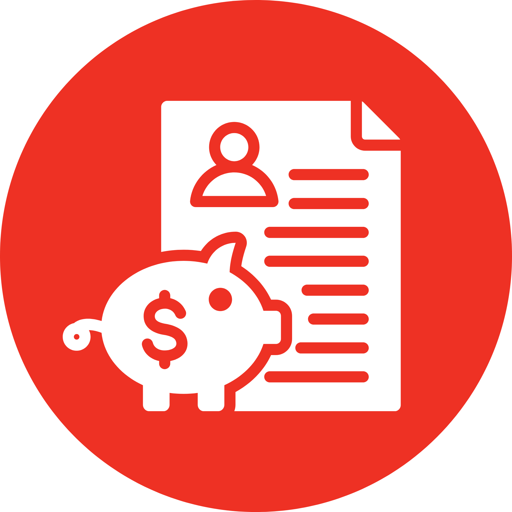 Red circle with white document icon, a person silhouette, a dollar sign, and a gear symbol, indicating financial or business related content.
