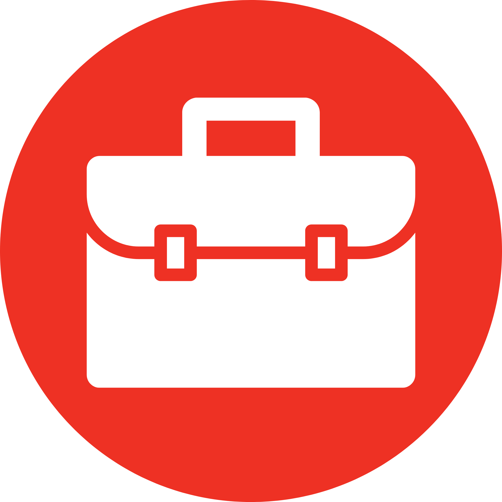 Decorative icon of a white briefcase in a red circle.